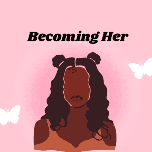 Busty woman with curly hair illustration on pink background.