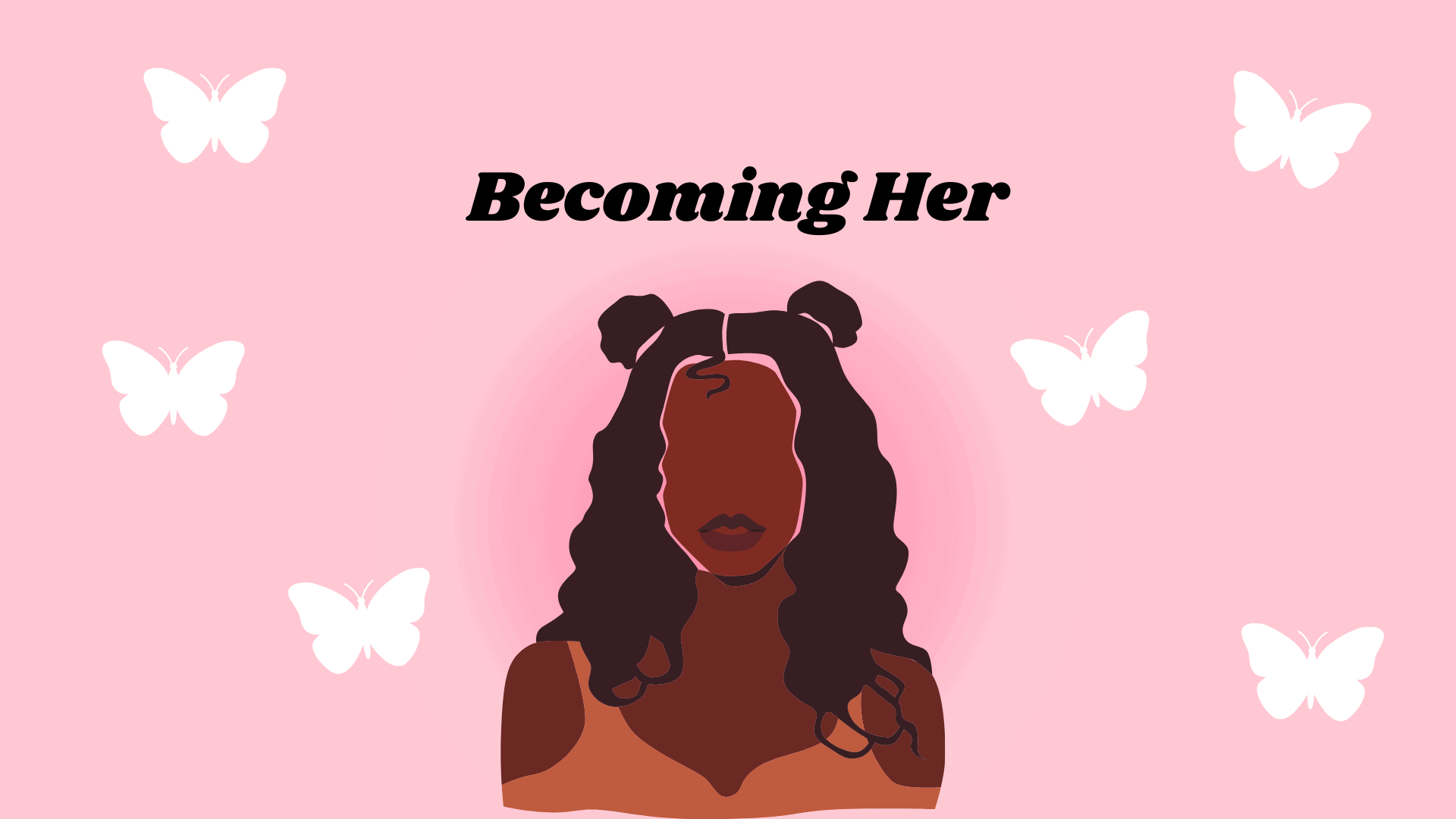 Busty woman with curly hair illustration on pink background.